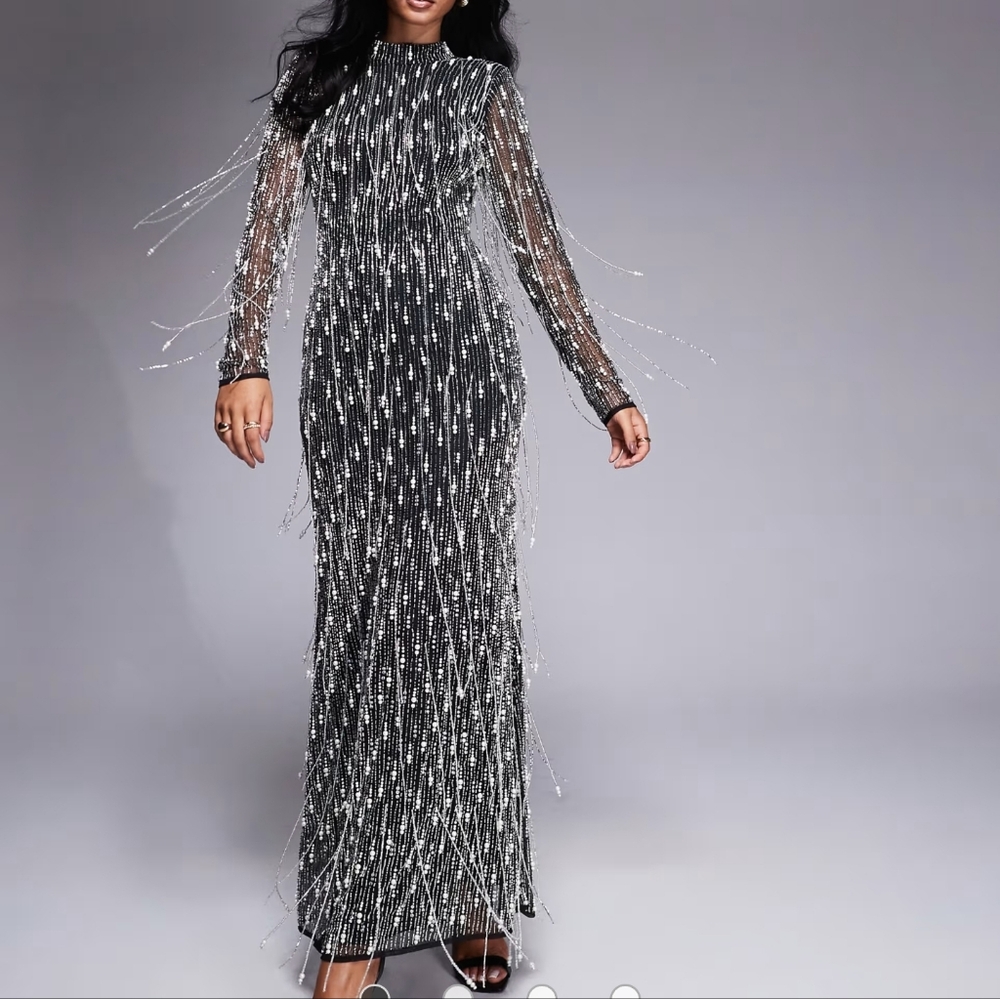ASOS LUXE Pearl Embellished Maxi Dress Black Beaded Fringe Evening Gown 4